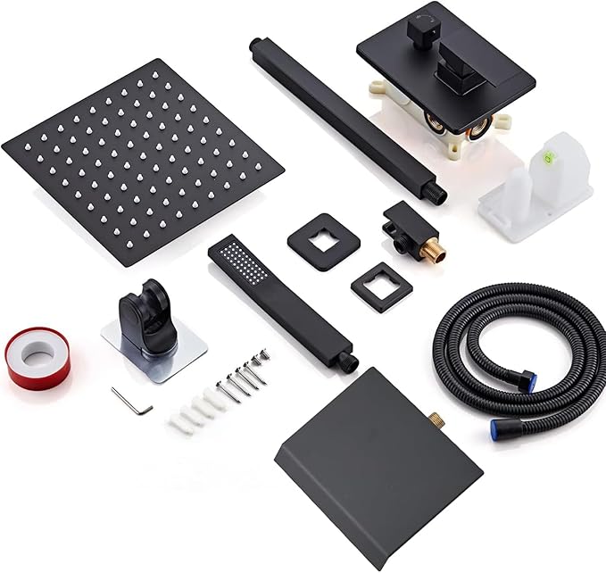 10 Inch Shower Faucet Set, Ceiling Mounted Rainfall Shower System with High Pressure Handheld Shower Head, Bathroom Mixer Shower Set Rough-in Valve and Trim Kit, Matte Black, with Tub Spout