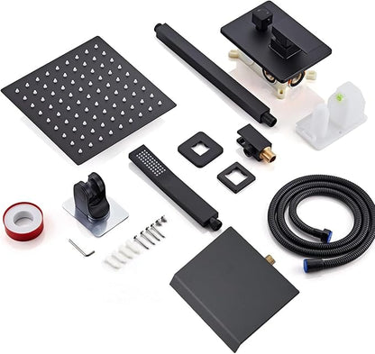 8 Inch Shower Faucet Set, Ceiling Mounted Rainfall Shower System with High Pressure Handheld Shower Head, Bathroom Mixer Shower Set Rough-in Valve and Trim Kit, Matte Black, with Tub Spout