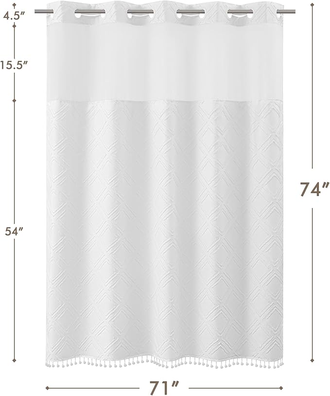 ROSERY No Hook Shower Curtain with Snap in Fabric Liner Set, Boho Farmhouse Jacquard Tufted Geometric Striped Shower Curtain for Bathroom with Tassel, Diamond Pattern, 71" W x 74" L