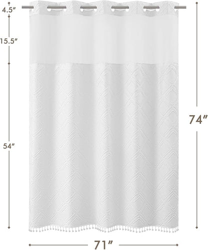 ROSERY No Hook Shower Curtain with Snap in Fabric Liner Set, Boho Farmhouse Jacquard Tufted Geometric Striped Shower Curtain for Bathroom with Tassel, Diamond Pattern, 71" W x 74" L