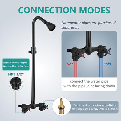 Aolemi Outdoor Shower Kit Fixtures Faucet System Double Handle Exposed Shower with Brass Mix Valve and Height-Adjustable Shower Pipe 6 Inch Center with Showerhead Matte Black
