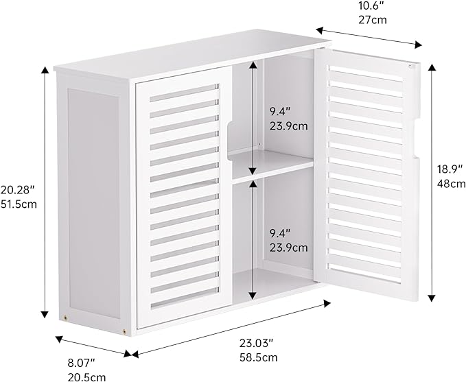HITNET White Bathroom Cabinet Over Toilet, Bamboo Hanging Medicine Cabinet, Wall-Mounted Storage Organizer, Kitchen Cupboard with Double Doors and Adjustable Shelf