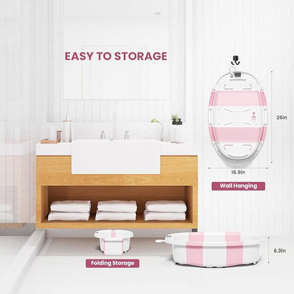 Collapsible Baby Bathtub, Baby Tubs for Newborns with Soft Cushion & Thermometer & Toy Organizer Mesh Bag, Infant Bathtub to Toddler 0-36 Months, Portable Travel Newborn Baby Bathtubs (Pink)