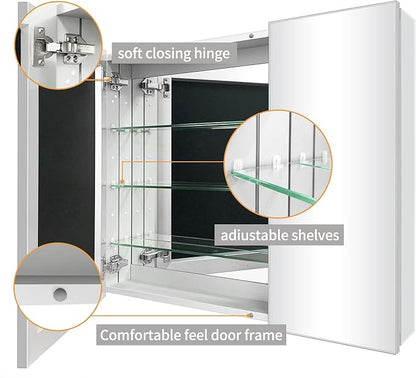 Aluminum Bathroom Medicine Cabinet with Mirror Door, 30"×26" Wall-mountable and Recessed-in Mirror Cabine, Bathroom Mirror Cabinet, 2 Doors Medicine Cabinet Organizer