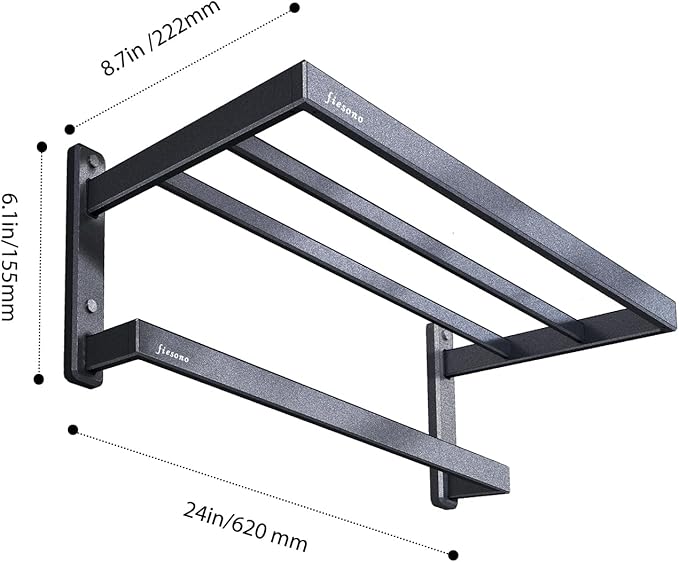 Bathroom Towel Rack, 24 Inch Towel Holder with Double Towel Bar, Aluminum Alloy Square Modern Hotel Style Wall Mounted Bathroom Shelf Organizer