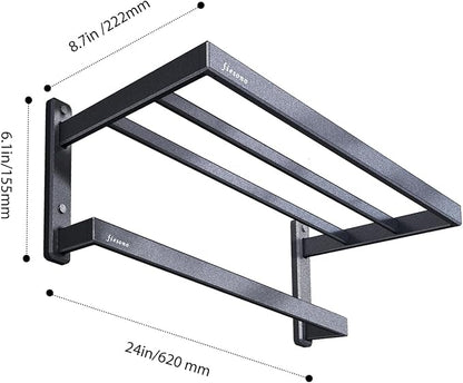 Bathroom Towel Rack, 24 Inch Towel Holder with Double Towel Bar, Aluminum Alloy Square Modern Hotel Style Wall Mounted Bathroom Shelf Organizer