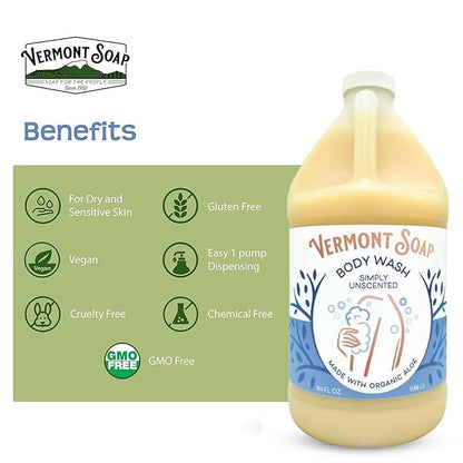 VERMONT SOAP Body Wash, Natural Body Wash with Shea Butter, Mild Gel Body Wash for Moisturizing and Soothing Skin, Fragrance Free Body Wash for Women & Men (Simply Unscented, 64oz)