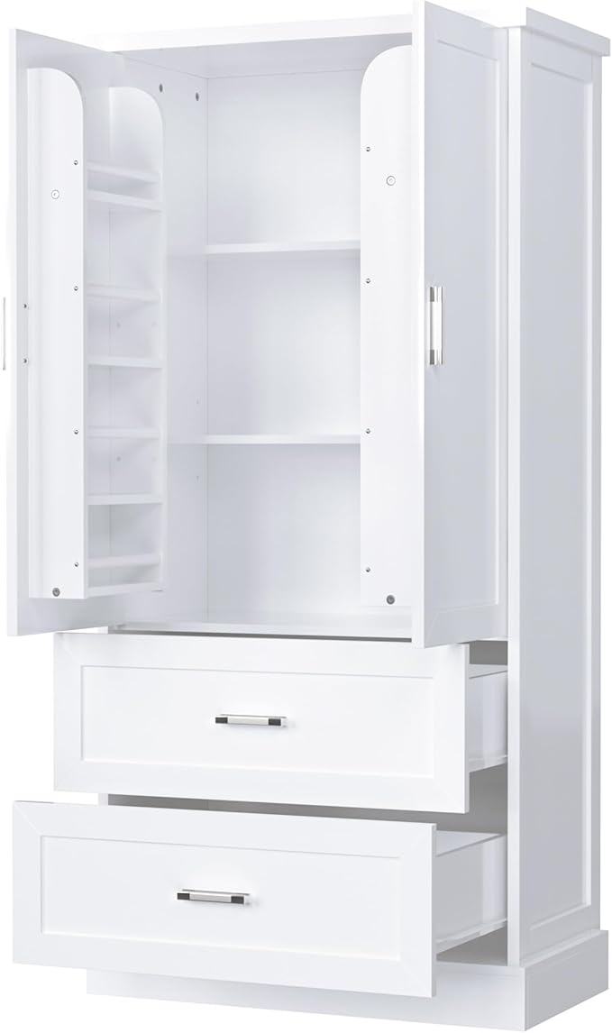 Merax 64" H Storage Cabinet with Drawers and Door Racks, Tall Freestanding Bookshelf Pantry Space Saver for Bathroom or Kitchen, Adjustable Shelf, White