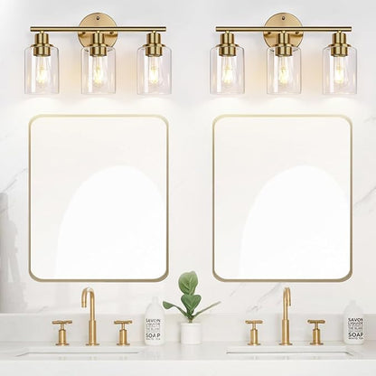 3-Light Gold Bathroom Light Fixtures, Modern Bathroom Vanity Light with Clear Glass Shade, Brushed Gold Bath Wall Mount Lights, Wall Lamp for Mirror Kitchen Bedroom Hallway Living Room Hallway