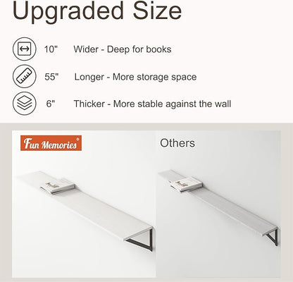 Floating Shelves 55 Inch Long, 10" Deep Floating Shelves, White Wall Shelves 55 x 10, Set of 2, Wide Large Display Storage Shelves for Bathroom, Living Room, Rustic Wood Shelves with Brackets