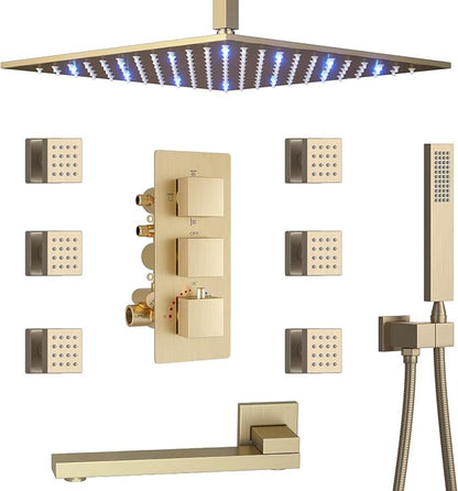Shower Set Brushed Gold Thermostatic Shower System with Tub Spout, with 12 inch Ceiling Mount Shower Head and 6 PCS Body Jet, Handheld Spray