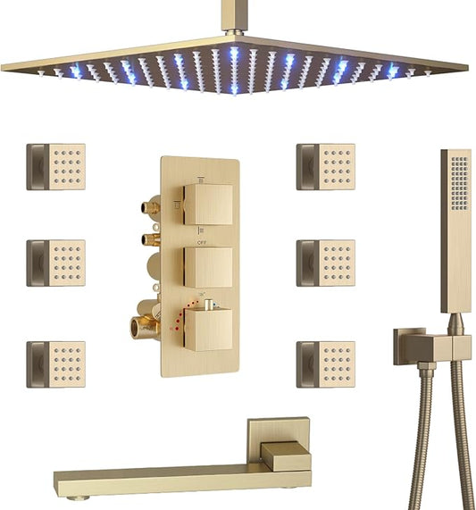 Shower Set Brushed Gold Thermostatic Shower System with Tub Spout, with 12 inch Ceiling Mount Shower Head and 6 PCS Body Jet, Handheld Spray