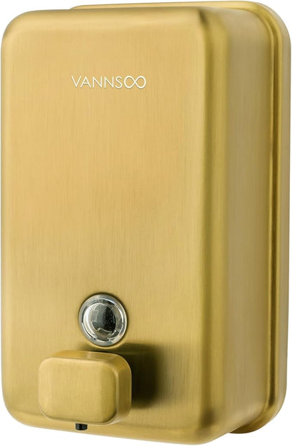 Wall Mounted Hand Soap Dispenser Bathroom, 1200ml 40oz Commercial Stainless Steel Liquid Soap Dispenser Wall Mount (Vertical Gold)