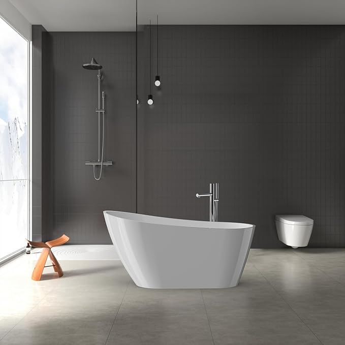67" Free Standing Tub, Acrylic Freestanding Bathtub, Modern Soaking Tub with Integrated Overflow and Drain, White Bathroom Fixture, Stand Alone Bathtub, CUPC Certified