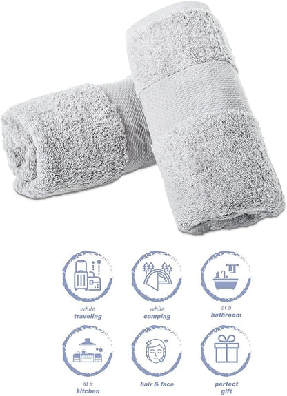 Hencely Luxury Hand Towel - Set of 2 (16x28 Inches) - Soft Turkish Cotton, Absorbent, Quick-Drying Face, Body, Kitchen, and Bathroom Towel (Hand Towels 2 Pack, Silver)