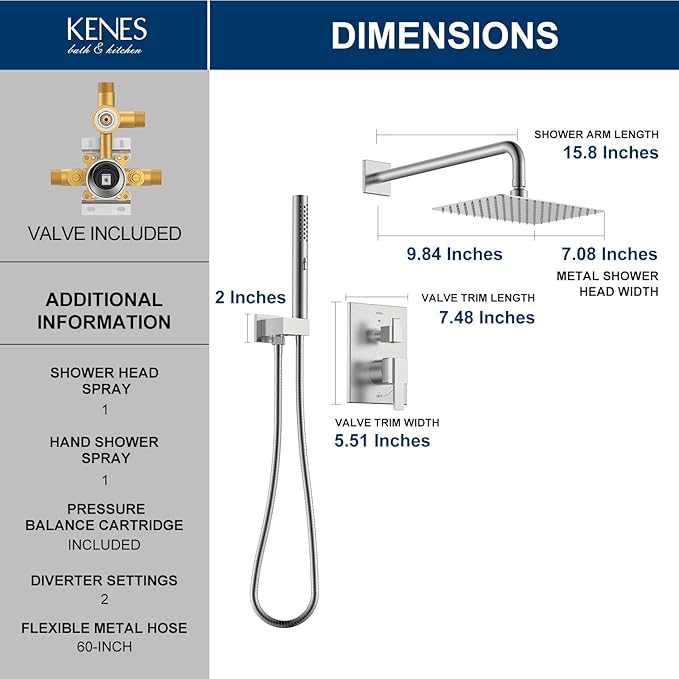 KENES Square Rainfall Shower System Faucet Set, Brushed Nickel Rain Shower Head and Handle Set, 10 Inch Stainless Shower Head with Handheld Spray (Shower Valve Included), LJ-6026A