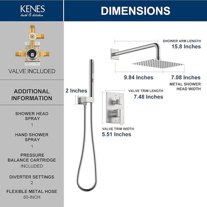 KENES Square Rainfall Shower System Faucet Set, Brushed Nickel Rain Shower Head and Handle Set, 10 Inch Stainless Shower Head with Handheld Spray (Shower Valve Included), LJ-6026A