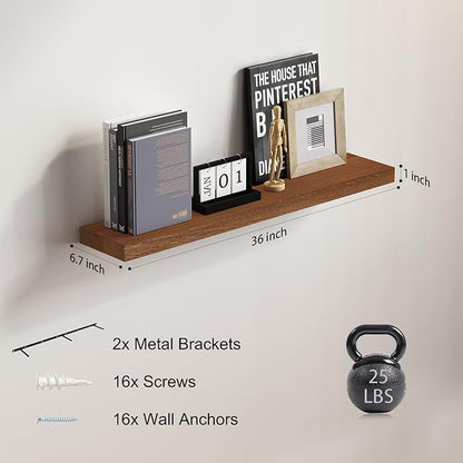 SAUMONIERES Floating Wall Shelves for Bedroom Bathroom Wall Mounted Solid Wood 36 Inches Long Shelf Set of 2, Walnut Floating Shelves