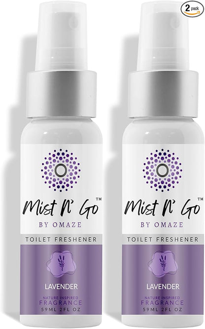 Mist N’ Go by Omaze Travel Bathroom Spray for Toilet Spray Odor Eliminator - Travel Toilet Spray for Bathroom Air Freshener Spray for Bathroom Deodorizer - Lavender Regular Size (2oz x2)