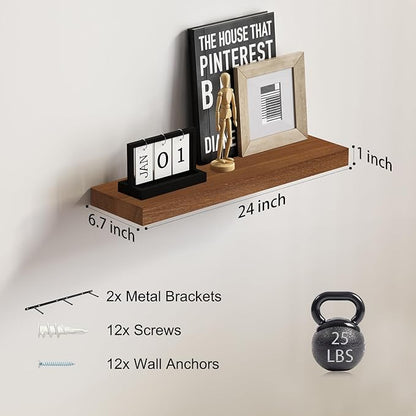 SAUMONIERES Floating Wall Shelves for Bedroom Bathroom Wall Mounted Solid Wood Shelf 24 Inch Set of 2, Walnut Floating Shelves