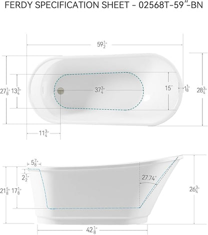 FerdY Langkawi 59" Acrylic Freestanding Bathtub, White Modern Stand Alone Soaking Bathtub, cUPC Certified, Brushed Nickel Drain and Minimalist Linear Design Overflow Included, Easy to Install, 02568T