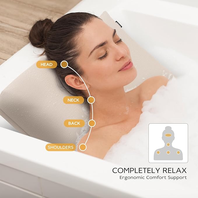 Bath Pillows for Tub Neck and Back Support,Bathtub Cushion backrest headrest Neck Pillow,tub Pillow for Bathtub,3D Mesh Core,Breathable,Quick-Drying,Ergonomic Relaxation (Pearl)
