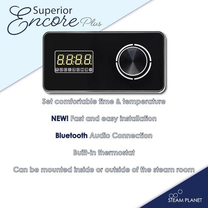 Superior Encore Plus 12kW Steam Shower Generator Kit with Horizontal Black Keypad, Bluetooth Audio, Drip Pan & Color Lights |Self-Draining Steam Bath Generator |One-click Connection Cord|