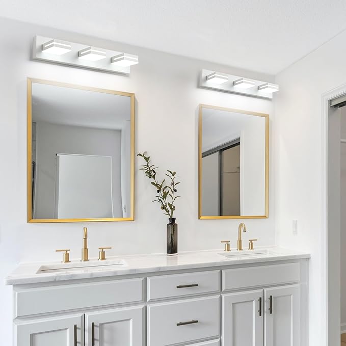SineRise LED Modern Bathroom Vanity Light Fixtures (3-Light, 24-Inch), Matte White Modern Acrylic Bathroom Wall Lighting Fixtures Over Mirror (Cool White 6000K)