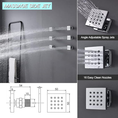 Thermostatic Shower Faucet Set Polished Chrome Rain Shower System with Tub Spout, 12 Inch Ceiling Mounted LED Shower Head and Handheld Spray, 6 PCS Body Jets, 4 Way Brass Shower Vlave