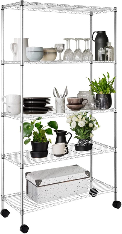 5 Tier Storage Racks Shelving, Heavy Steel Pantry Shelves, Adjustable Wire Shelving Rack with Wheels, Suitable for Garage, Kitchen, Bathroom, Office, 35" W x 14" D x 65" H, Chrome