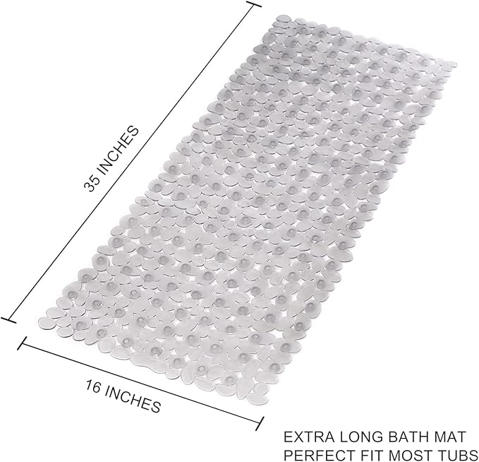 WELTRXE Non Slip Bathtub Mat 35 x 16 Inches Pebbles Shower Mats with Suction Cups, Drain Holes for Bathroom Showers, Tub, Machine Washable Bathroom Mats BPA, Latex Free Safe Tub Mats - Clear Gray