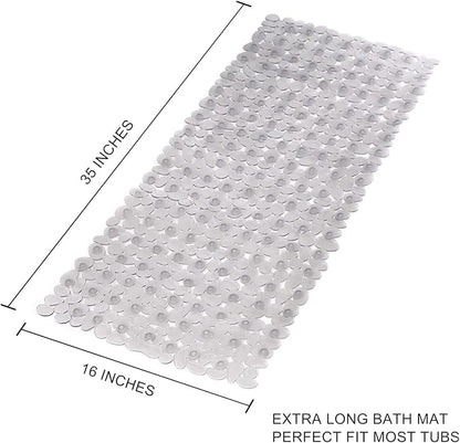 WELTRXE Non Slip Bathtub Mat 35 x 16 Inches Pebbles Shower Mats with Suction Cups, Drain Holes for Bathroom Showers, Tub, Machine Washable Bathroom Mats BPA, Latex Free Safe Tub Mats - Clear Gray