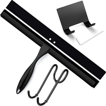 Shower Squeegee for Glass Doors, 14 Inches Bathroom Squeegee with Spare Silicone Blade, Shower Door Hook and Adhesive Hook, Stainless Steel Bathroom Squeegee for Mirror Window (14in-Black-1 Pack)
