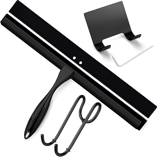 Shower Squeegee for Glass Doors, 14 Inches Bathroom Squeegee with Spare Silicone Blade, Shower Door Hook and Adhesive Hook, Stainless Steel Bathroom Squeegee for Mirror Window (14in-Black-1 Pack)