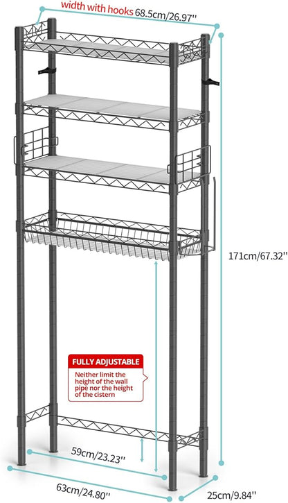 4-Tier Toilet Shelf Storage, Bathroom Organizer Shelves Over Toilet Storage, Above Toilet Tack Free Standing Bathroom Space Saver with Adjustable Basket and Shelves, Gray