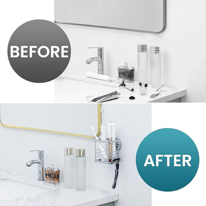 TAILI Patented Suction Cup Toothbrush Holder, Stainless Steel Anti-Puddling Shower Toothbrush Holder, No Drilling Removable Organizer for Bathroom Toothpaste, Razor, Kitchen and Office Items, Silver