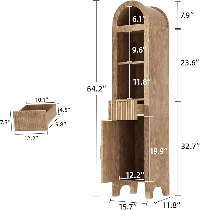 64.2" Arched Bathroom Storage Cabinet with 3 Shelves, Drawer, and Hidden Compartment – Modern Oak Storage Unit for Bathroom, Entryway, Living Room