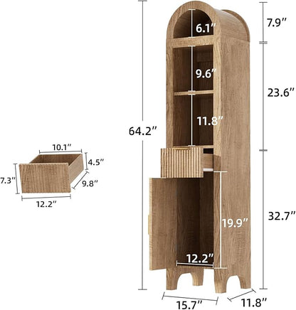 64.2" Arched Bathroom Storage Cabinet with 3 Shelves, Drawer, and Hidden Compartment – Modern Oak Storage Unit for Bathroom, Entryway, Living Room