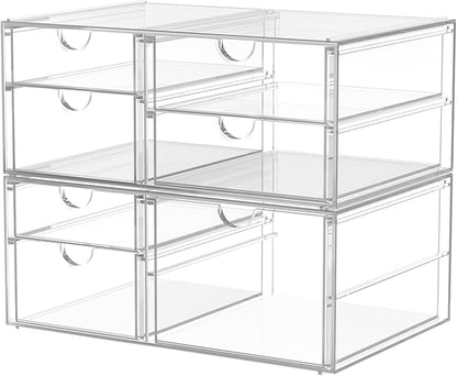 2 Pack Desk Organizers, Makeup Organizer Storage with 7 Drawers, Desktop Office Supplies, Clear Desk Accessories, Dustproof Drawer Organizer and Storage for Make Up, Jewelry, Pen