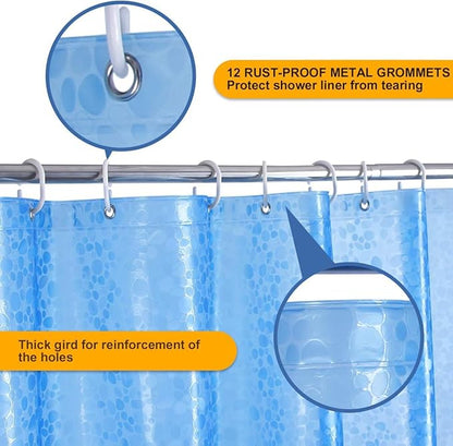 WELTRXE EVA 8G Shower Curtain Liner, 72x72 Inch 3D Blue Pebble Heavy Duty Waterproof Bathroom Shower Liner with Weighted Magnets Thick Clear Plastic Shower Curtains for Shower Stall, Bathtub, 12 Hooks