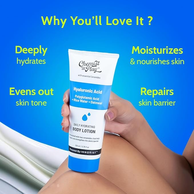 Chemist at Play Hydrating Body Lotion with Rice Water & Hyaluronic Acid for Deep Moisturization | All Skin Type | Hydrate Dry and Flaky Skin | Vegan & Cruelty-Free | 7 fl oz.
