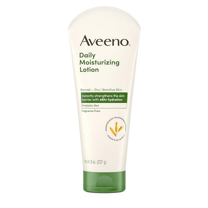 Aveeno Daily Moisturizing Body Lotion, Body Lotion for Dry Skin with Prebiotic Oat, Paraben Free, Fragrance Free, Non-Greasy, Non-Comedogenic Moisturizer, 8 FL OZ
