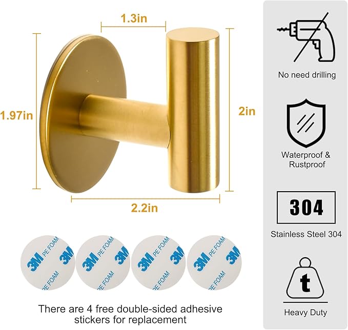 Vuzvuv Adhesive Brushed Gold Hooks, SUS304 Stainless Steel Self-Adhesive Towel Coat Robe Heavy Duty Waterproof Hook for Bathrooms Kitchen Hotel (4-Pack)