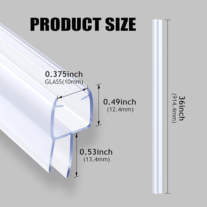Shower Door Seal, 2 PCS 3/8" X 36" Glass Door Bottom Seal, Ultra Clear Frameless Shower Doors Strip, Stop Shower Leaks and Create a Water Barrier for 3/8 Inch (10mm) Glass