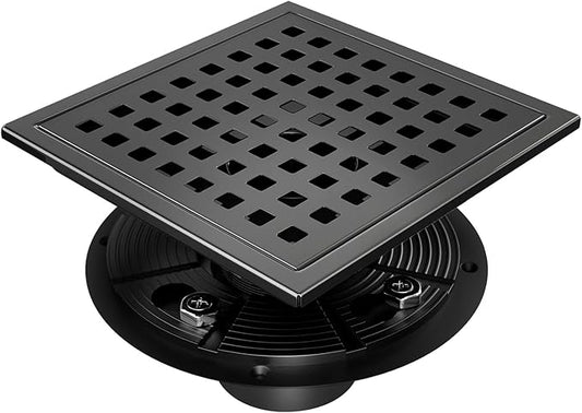 morefine Square Shower Drain with Flange, Shower Drain 6 inch with Removable Grate Cover, SUS 304 Stainless Steel, Matte Black