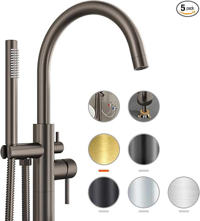 Freestanding Bathtub FaucetFloor Mount Bathtub Filler Shower Mixer Faucet with Handheld Shower Sprayer Swivel, Side Inlet，Grey