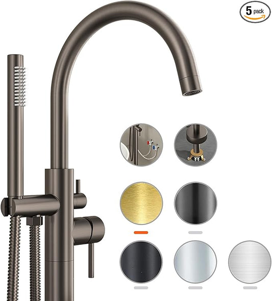 Freestanding Bathtub FaucetFloor Mount Bathtub Filler Shower Mixer Faucet with Handheld Shower Sprayer Swivel, Side Inlet，Grey