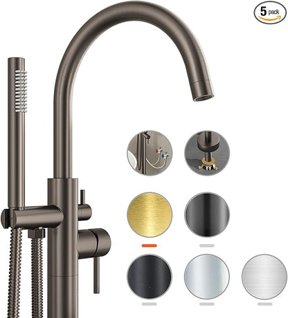 Freestanding Bathtub FaucetFloor Mount Bathtub Filler Shower Mixer Faucet with Handheld Shower Sprayer Swivel, Bottom Inlet，Grey
