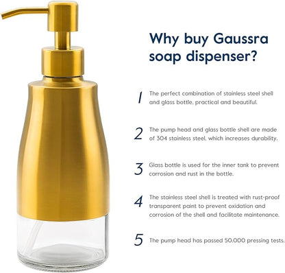 Gaussra Soap Dispenser with Coaster and Stickers, Brushed Gold Stainless Steel Glass Hand Pump Dispenser, Anti Rust Bottle, for Kitchen & Bathroom Detergent Bottle，Refillable Hand Liquid Dispenser