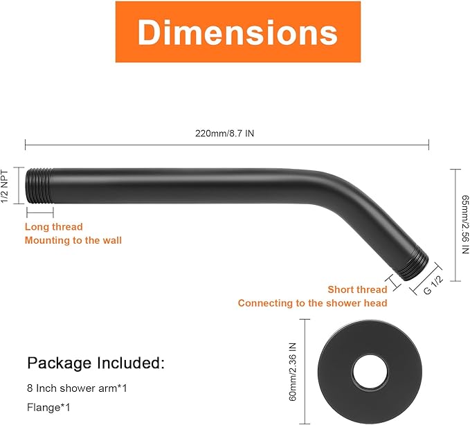 HarJue Shower Arm with Flange and Teflon Tape, Wall Mounted Shower Pipe 304 Stainless Steel Extension Arm for Fixed Shower Head & Handheld (8 Inch, Matte Black)